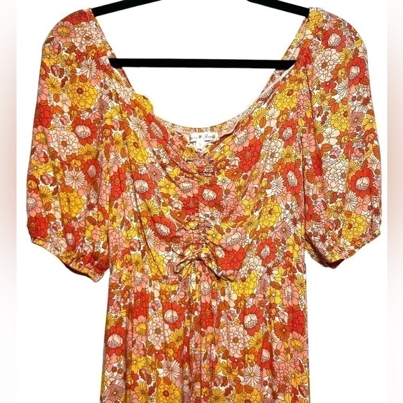 Orange Retro Floral Puff Sleeve Tiered Peasant Midi Dress CinchTie Front Small - Picture 5 of 7
